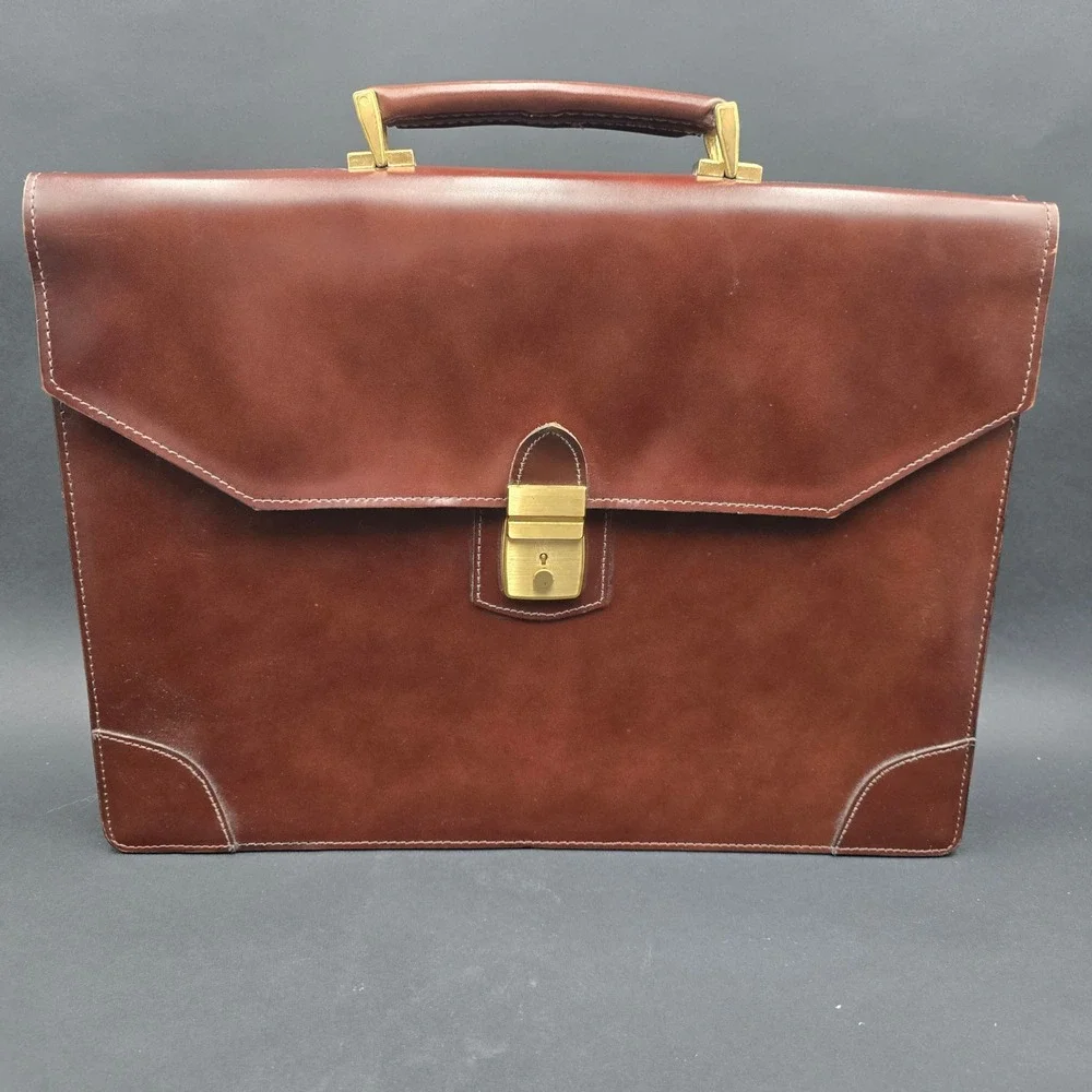 Vintage Brown Leather Briefcase Slim Top Handle Brass Hardware Business Bag
